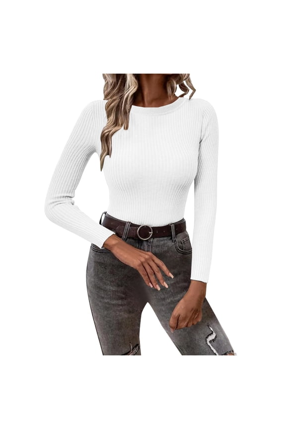 Women's Long Sleeve Sweater Classic-Fit Crewneck Fitted Pullover Knit Sweater Top White L