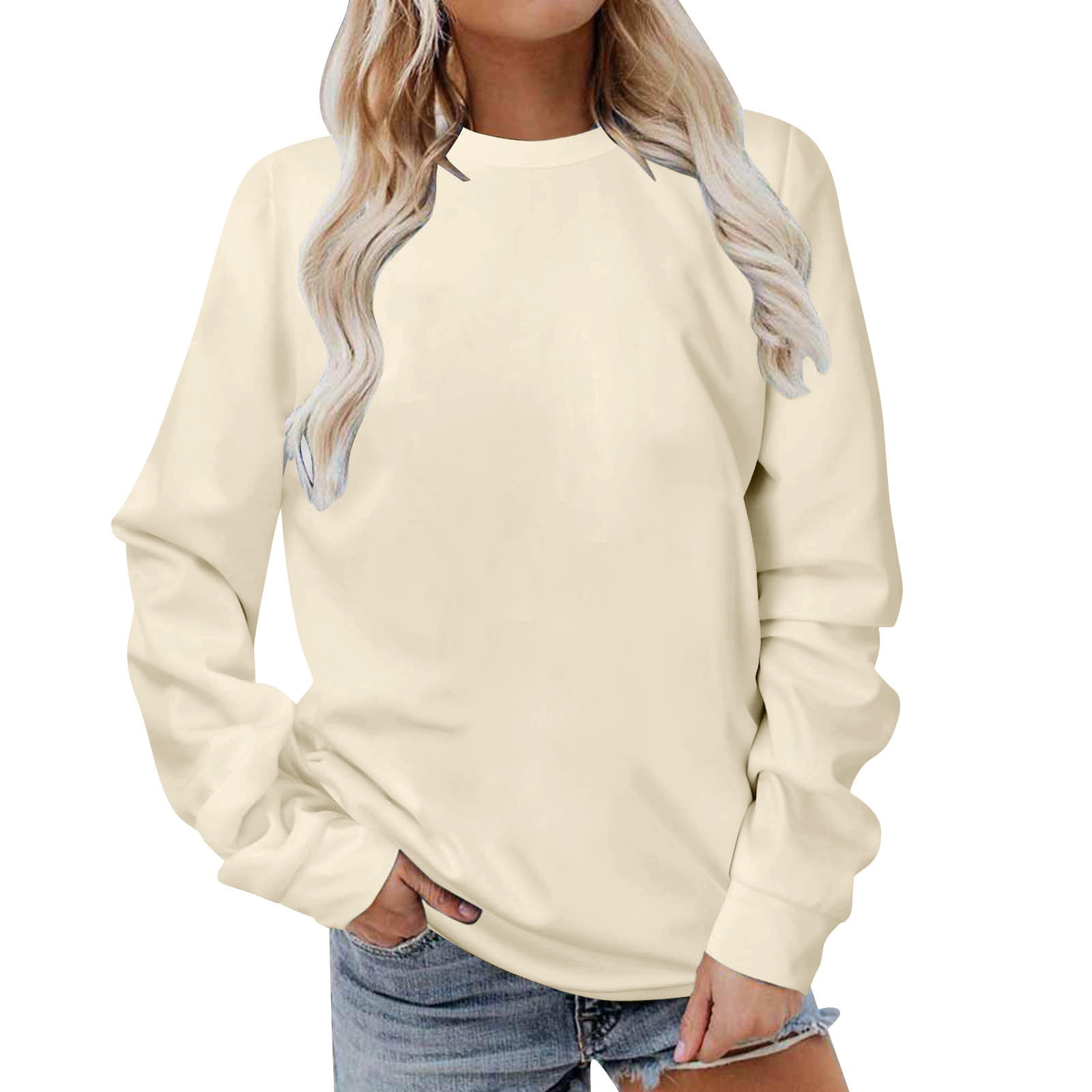 XFLWAM Women's Long Sleeve Sweatshirt Casual Crewneck Loose Fit Pullover  Hoodie Fleece Fall Tops White L 