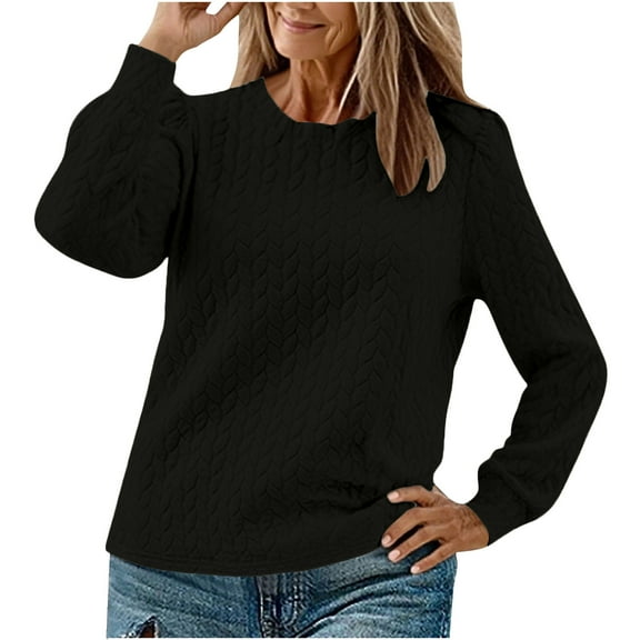 XFLWAM Women's Long Sleeve Sweatshirts Twist Texture Crewneck Pullover Tops Fall Casual Solid Color Going Out Clothes
