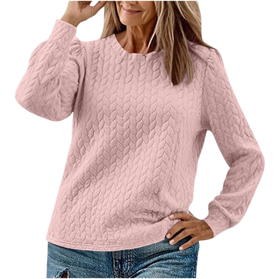 XFLWAM Women's Long Sleeve Sweatshirts Twist Texture Crewneck Pullover Tops Fall Casual Solid Color Going Out Clothes