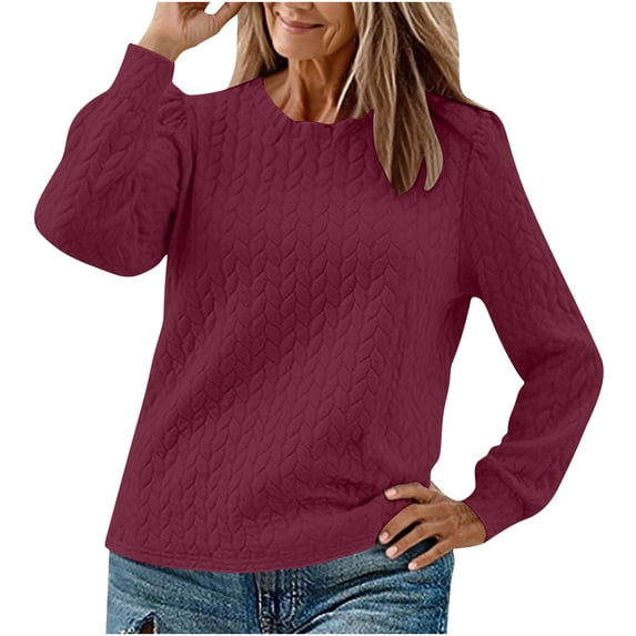 XFLWAM Women's Long Sleeve Sweatshirts Twist Texture Crewneck Pullover Tops Fall Casual Solid Color Going Out Clothes