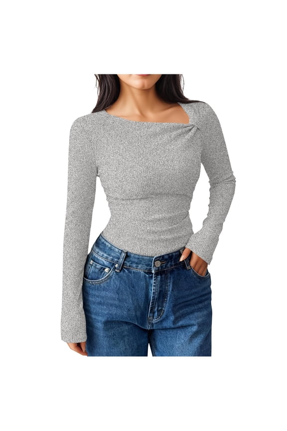 Women's Long Sleeve T Shirt Asymmetrical Neck Ribbed Knit Slim Fit Tee Tops Solid Color Going Out Shirts