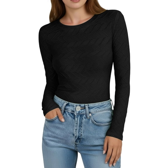 XFLWAM Women's Long Sleeve T Shirts Crewneck Textured Fitted Basic Tee Tops Casual Solid Color Blouses