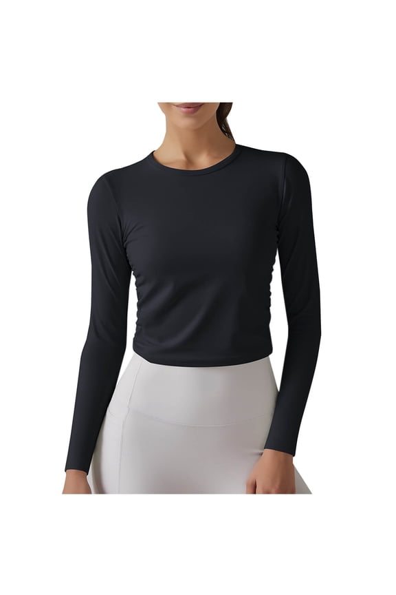 Women's Long Sleeve Tshirt Crew Neck Solid Color Shirt Soft Thin Nylon Stretch Crop Tops Casual Slim Fit Yoga Workout Tee M