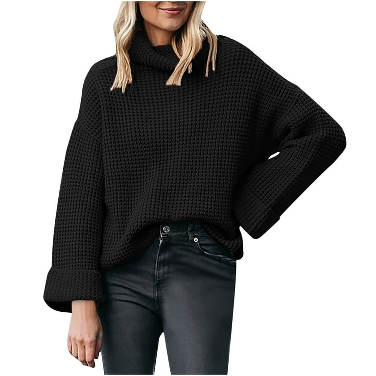 Women's Long Sleeve Turtleneck Sweaters Casual Solid Plaid Tops Split Hem Knitted Blouse Knitwear Pullover