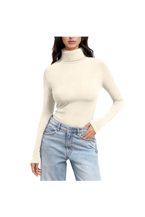 Women's Long Sleeve Turtleneck Shirts Casual Ribbed Basic Tee Slim Soft Thermal Tops Fall String Going Out Clothes