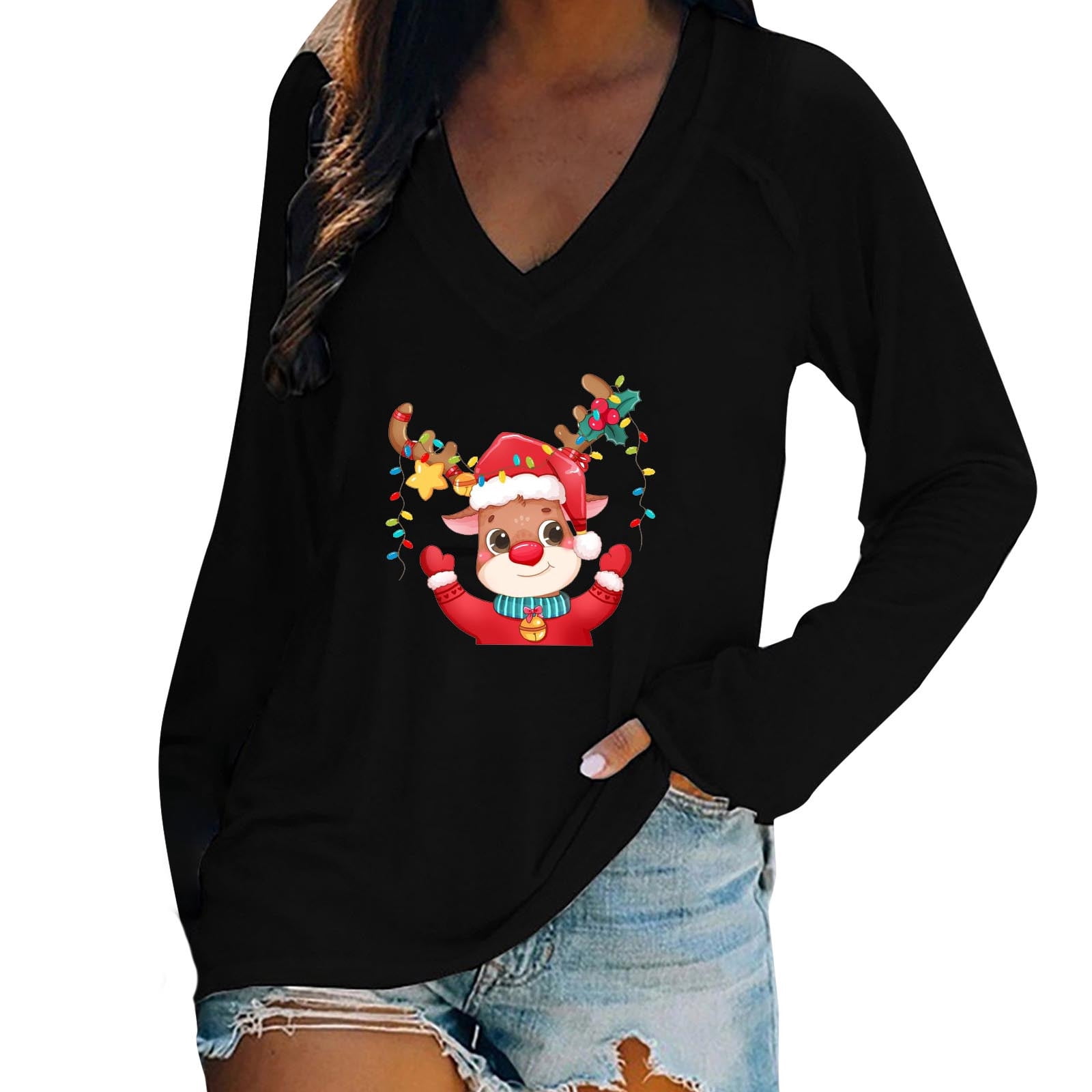 XFLWAM Women's Long Sleeve VNeck Shirts Tops Christmas Santas Claus