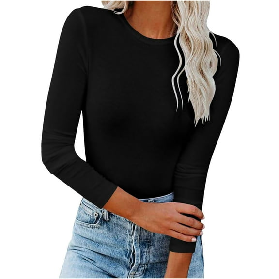 XFLWAM Women's Long Sleeves Crew Neck Tops Basic Stretch Slim Fit Lightweight Cozy Under Layer T-Shirts Black S