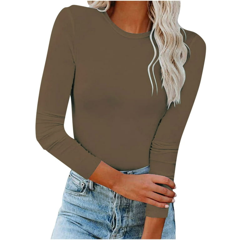 XFLWAM Women's Long Sleeves Crew Neck Tops Basic Stretch Slim Fit  Lightweight Cozy Under Layer T-Shirts Brown XL
