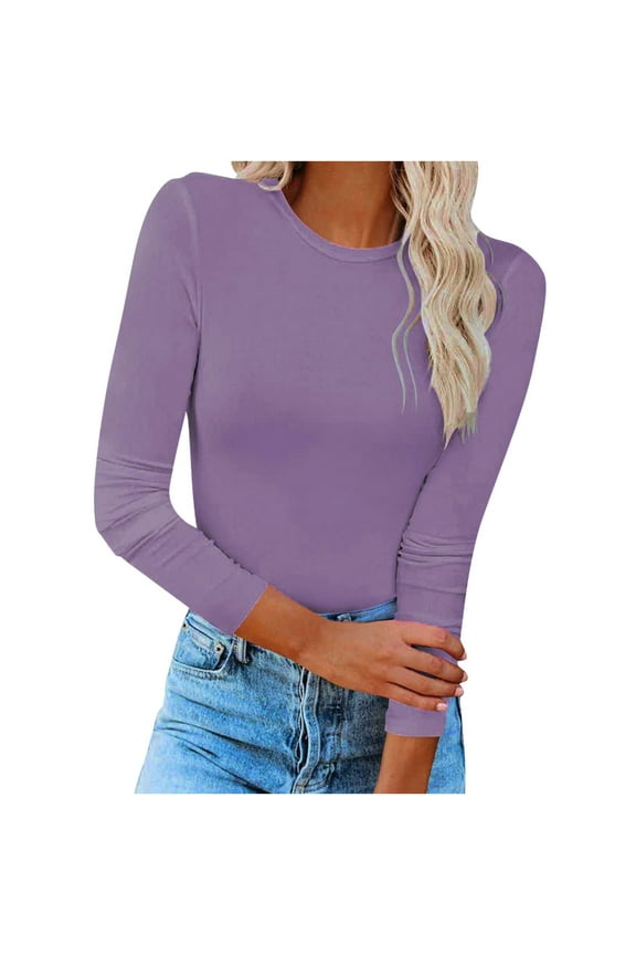 Women's Long Sleeves Crew Neck Tops Basic Stretch Slim Fit Lightweight Cozy Under Layer T-Shirts Purple L