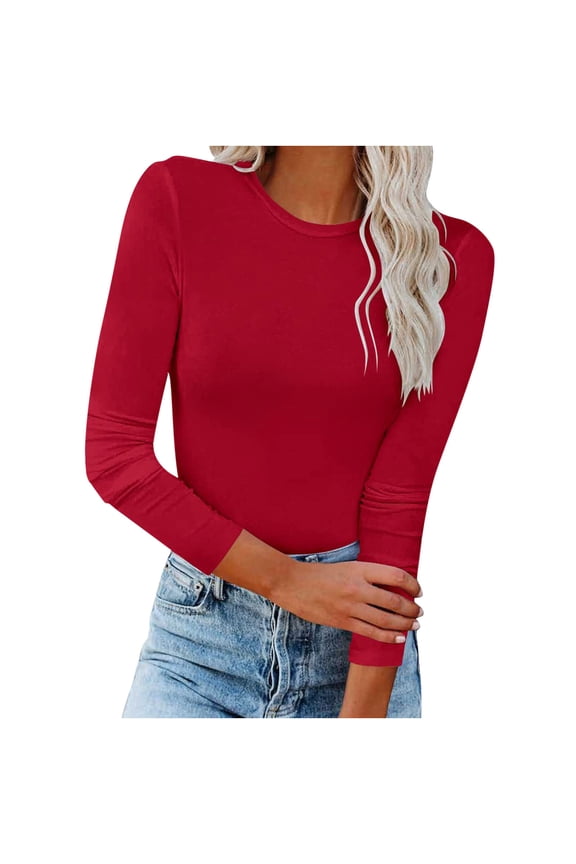 Women's Long Sleeves Crew Neck Tops Basic Stretch Slim Fit Lightweight Cozy Under Layer T-Shirts Red XL