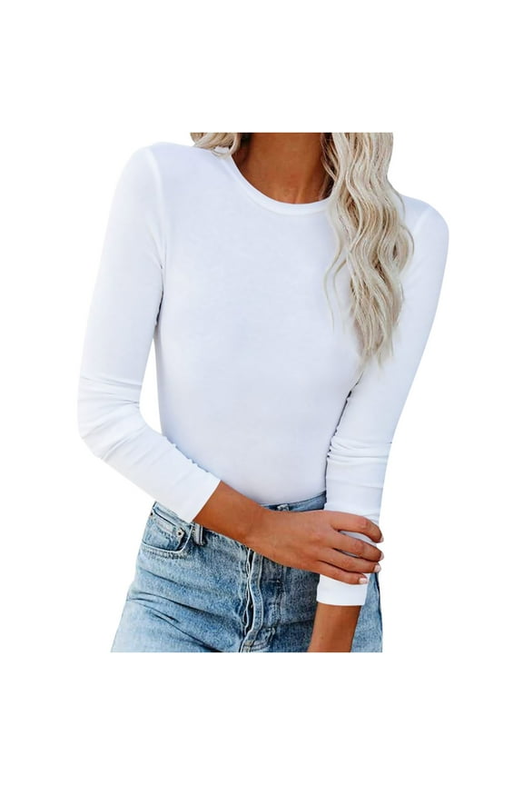 Women's Long Sleeves Crew Neck Tops Basic Stretch Slim Fit Lightweight Cozy Under Layer T-Shirts White S