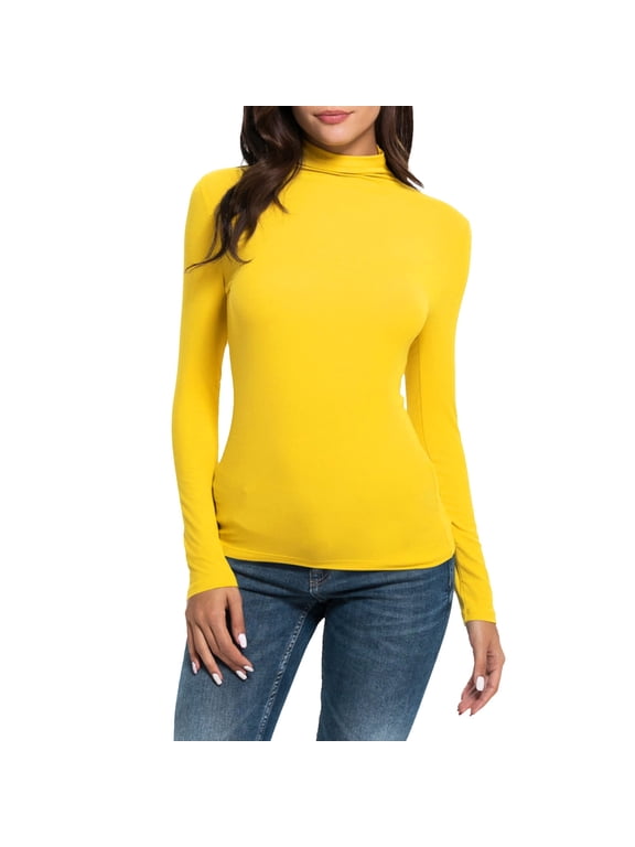 Women's Long Sleeves Mock Turtleneck Tops Basic Stretch Slim Fit Lightweight Cozy Under Layer T-Shirts Yellow L