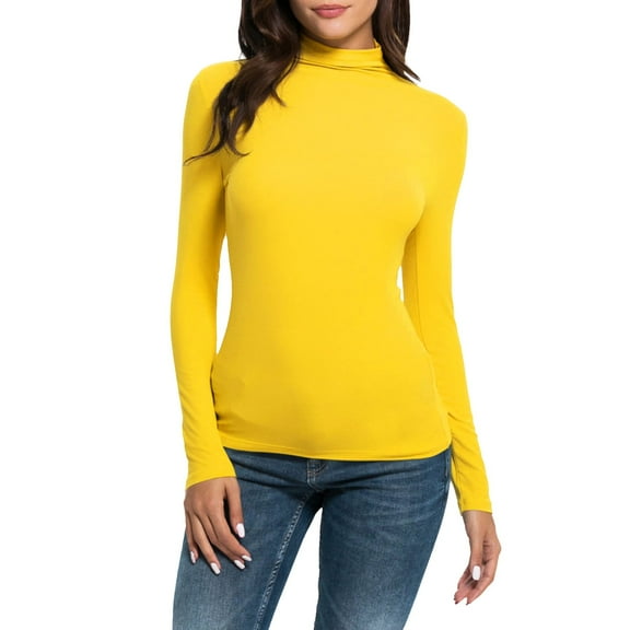 XFLWAM Women's Long Sleeves Mock Turtleneck Tops Basic Stretch Slim Fit Lightweight Cozy Under Layer T-Shirts Yellow M