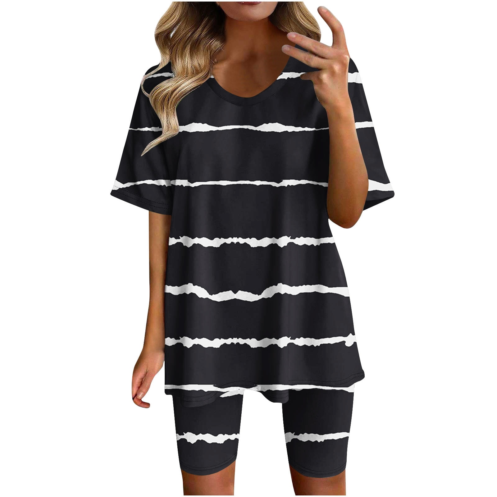 XFLWAM Women's Lounge Sets Pajamas Striped Short Sleeve 2 Pieces Tshirt Bike Shorts Loungewear