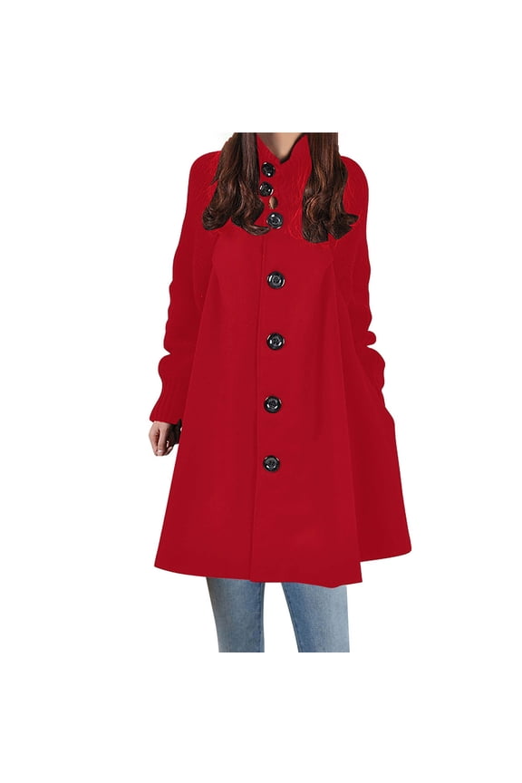 Women's Mid Long Length Coats Single Breasted Cowl High Neck Loose Outerwear Button Down Woolen Cloak Coat Jacket Red 5XL