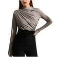 thumbnail image 1 of XFLWAM Women's Mock Neck Pleated T Shirt Ruched Front Long Sleeve Elegant Blouse Tops, 1 of 8