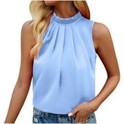 XFLWAM Women's Mock Neck Pleated Tank Tops Sleeveless Keyhole Back Shirts Solid Color Summer Casual Blouse