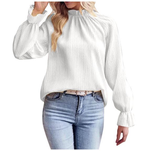 XFLWAM Women's Mock Neck Pleated Tops Long Sleeve Dressy Elegant Shirts Solid Color Fall Casual Business Blouse M