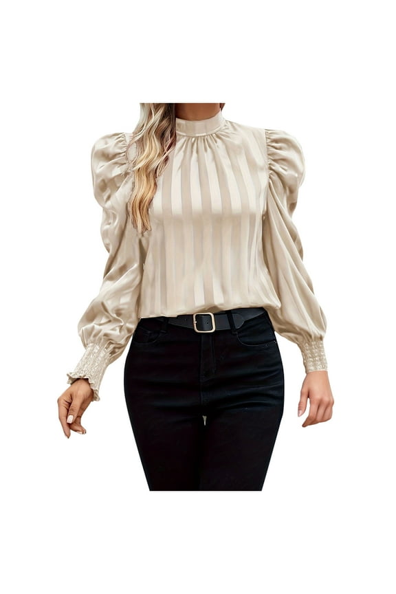Women's Mock Neck Smocked Puff Long Sleeve Tops Dressy Satin Business Work Blouses Casual Solid Color Shirts Beige M