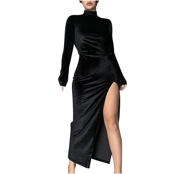 XFLWAM Women's Mock Neck Split Thigh Midi Bodycon Cocktail Party Dress Long Sleeve Turtleneck Velvet Dresses Black L