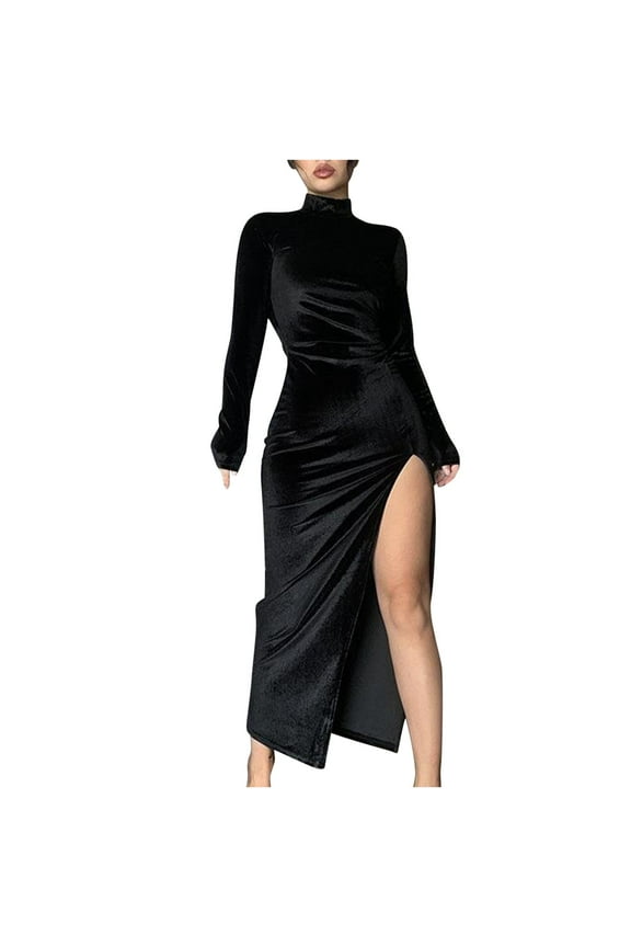 Women's Mock Neck Split Thigh Midi Bodycon Cocktail Party Dress Long Sleeve Turtleneck Velvet Dresses Black S