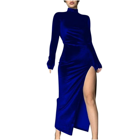 XFLWAM Women's Mock Neck Split Thigh Midi Bodycon Cocktail Party Dress Long Sleeve Turtleneck Velvet Dresses Blue 3XL