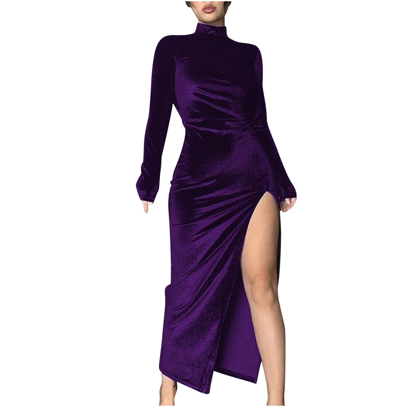 XFLWAM Women's Mock Neck Split Thigh Midi Bodycon Cocktail Party Dress Long  Sleeve Turtleneck Velvet Dresses Purple XXL - Walmart.com
