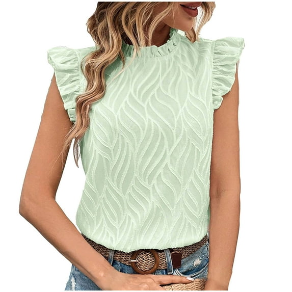 XFLWAM Women's Mock Neck Textured Tank Top Summer Ruffle Fly Sleeve Shirt Solid Color Casual Keyhole Back Blouse