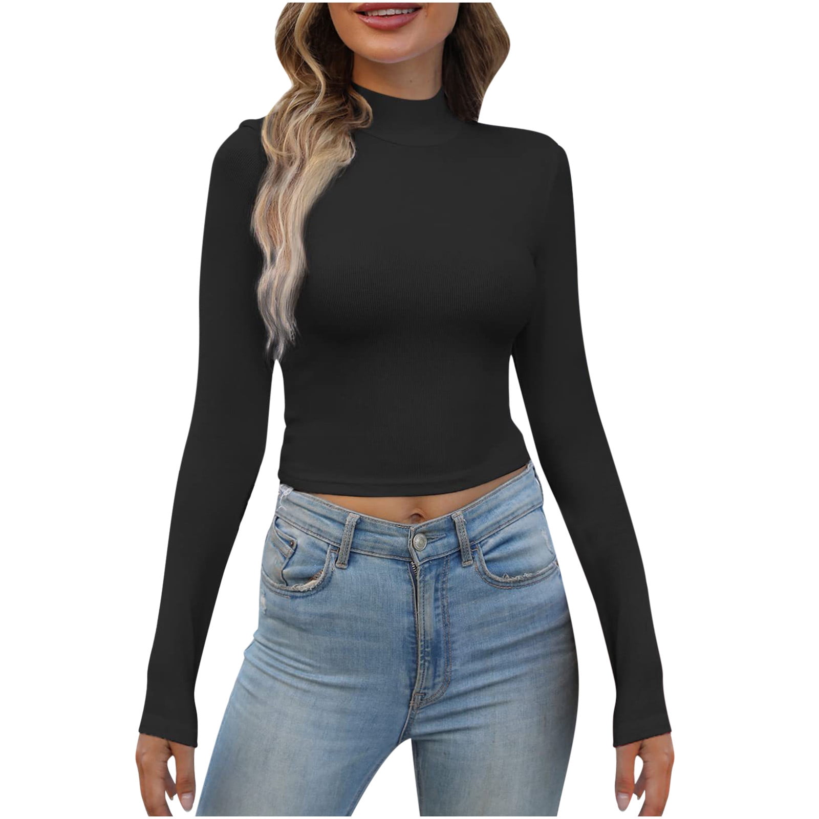 XFLWAM Women s Mock Turtleneck Long Sleeve Crop Top Basic Stretch Slim Fit Lightweight Fitted T Shirt Black S Walmart