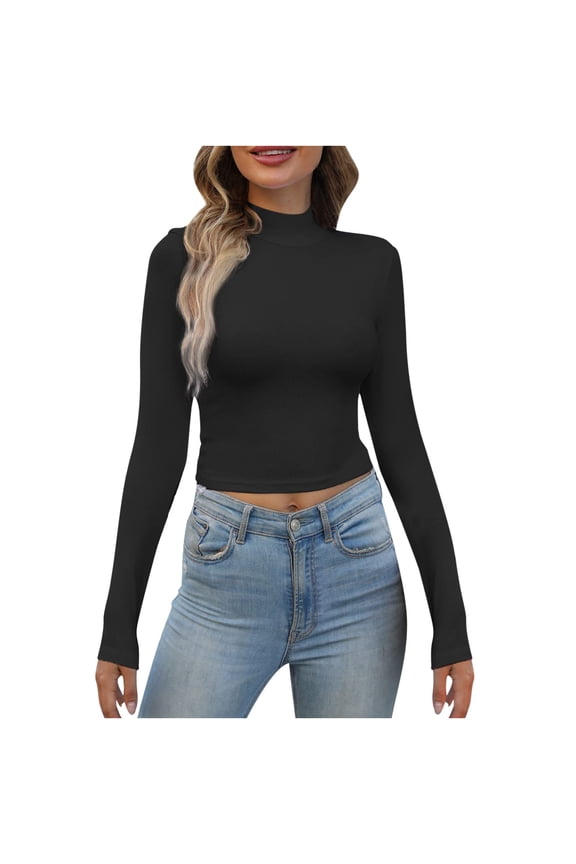 Women's Mock Turtleneck Long Sleeve Crop Top Basic Stretch Slim Fit Lightweight Fitted T Shirt Black XL