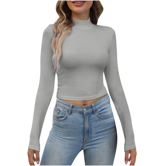 XFLWAM Women's Mock Turtleneck Long Sleeve Crop Top Basic Stretch Slim Fit Lightweight Fitted T Shirt Gray XXL