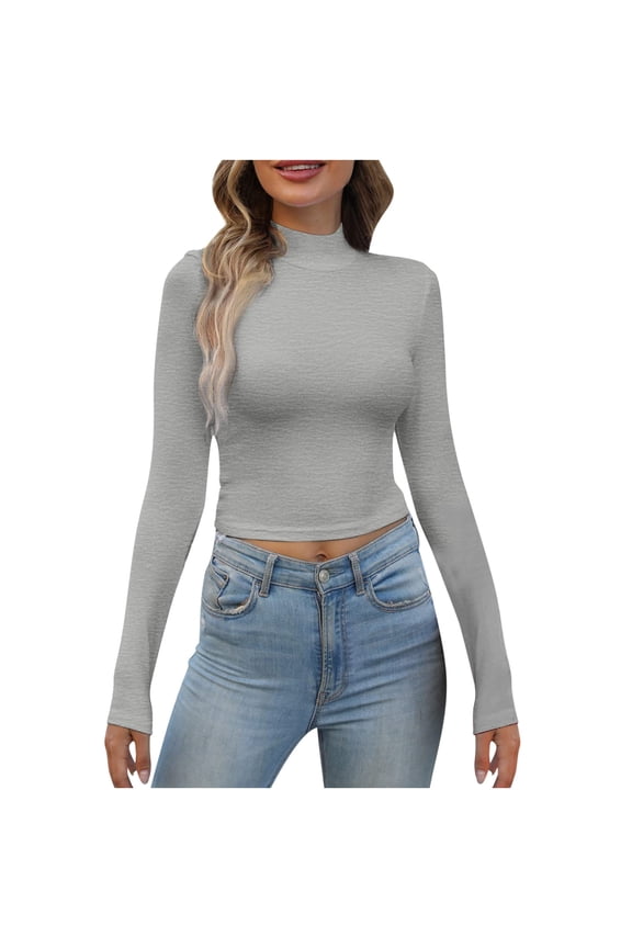 Women's Mock Turtleneck Long Sleeve Crop Top Basic Stretch Slim Fit Lightweight Fitted T Shirt Gray XXL