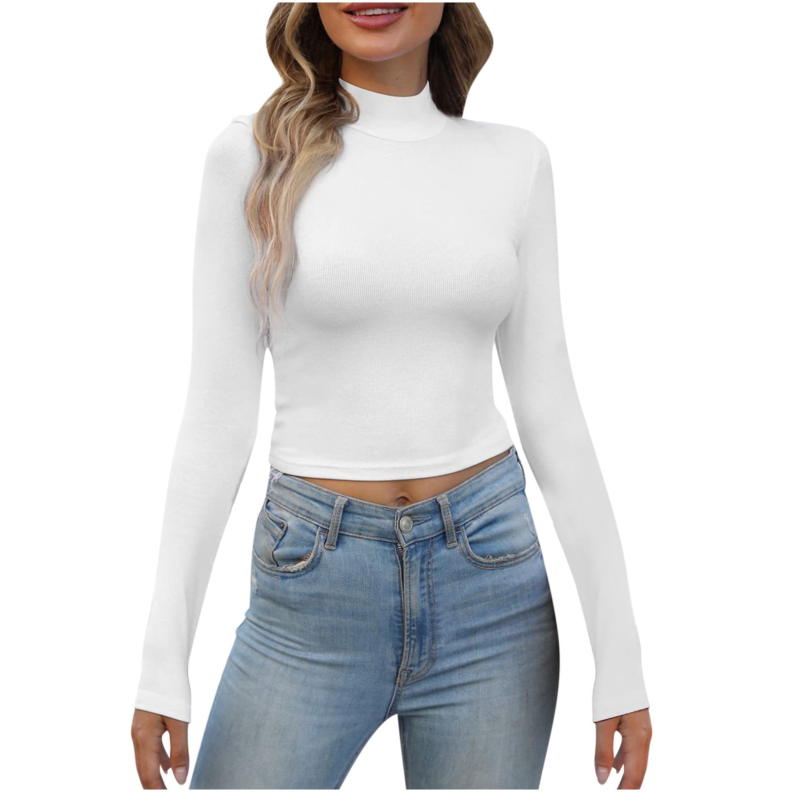 XFLWAM Women's Long Sleeve Crop Top Quick Dry Cropped Workout Shirts Half  Zip Pullover Running Athletic Shirt White M 