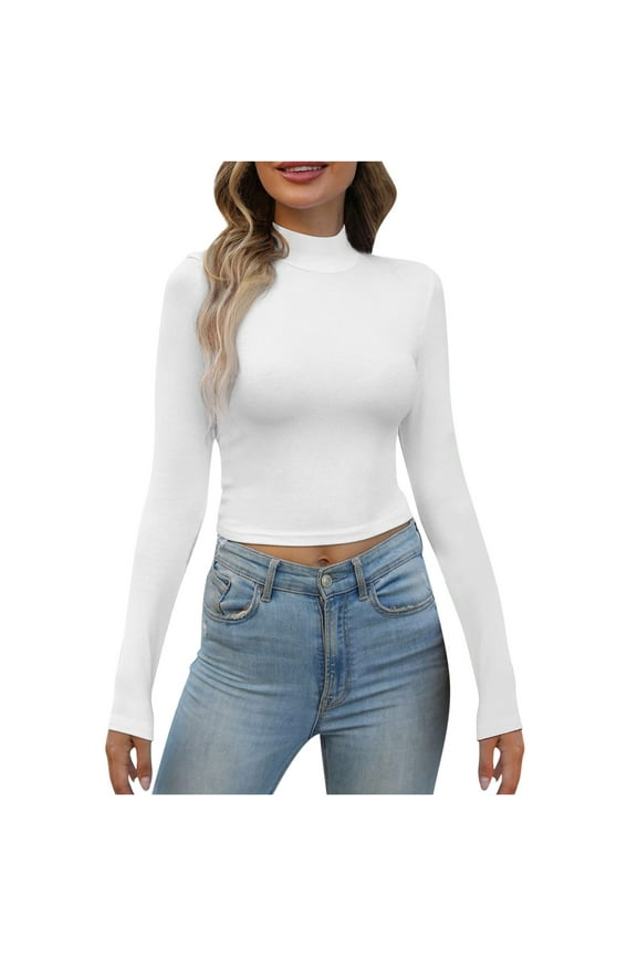 Women's Mock Turtleneck Long Sleeve Crop Top Basic Stretch Slim Fit Lightweight Fitted T Shirt White XXL