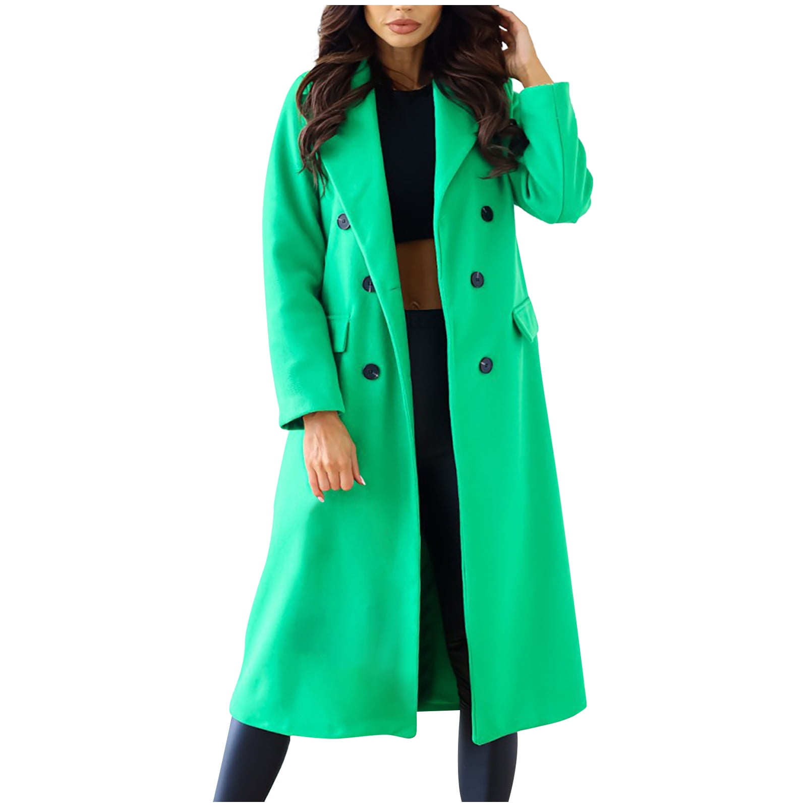 S Breasted Blend Outerwear XFLWAM Wool Women\'s Long Notch Green Trench Peacoat Lapel Winter Fall Double Coat