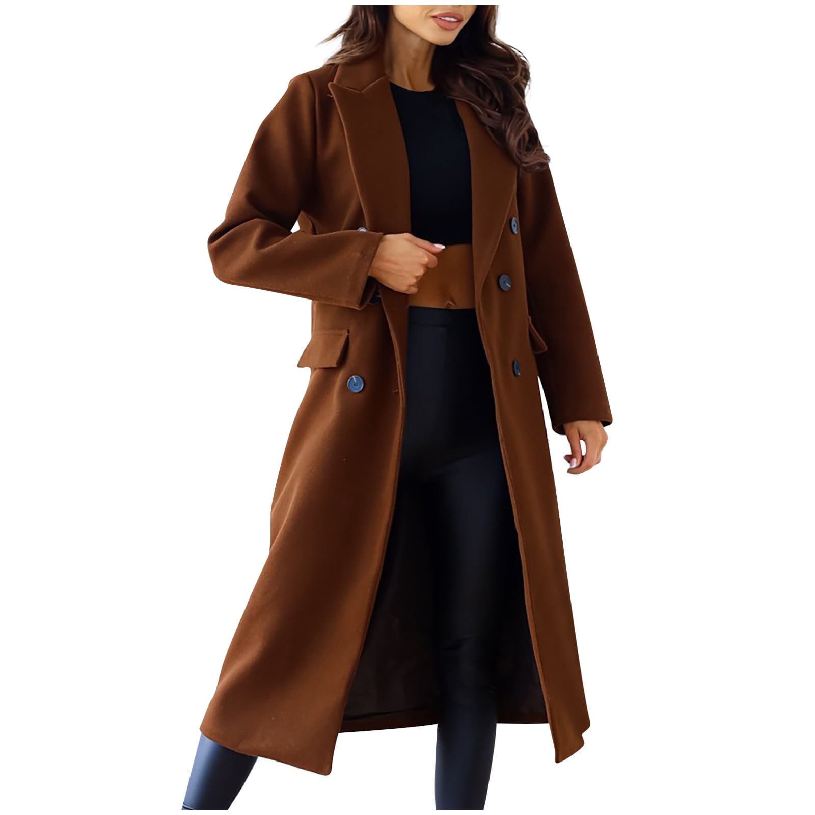 XFLWAM Women's Notch Lapel Double Breasted Wool Blend Peacoat Long Fall