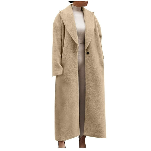 XFLWAM Women's Notch Lapel Single Breasted Pea Coats Wool Blend Maxi Trench Coat Long Sleeve Open Front Overcoat Jacket