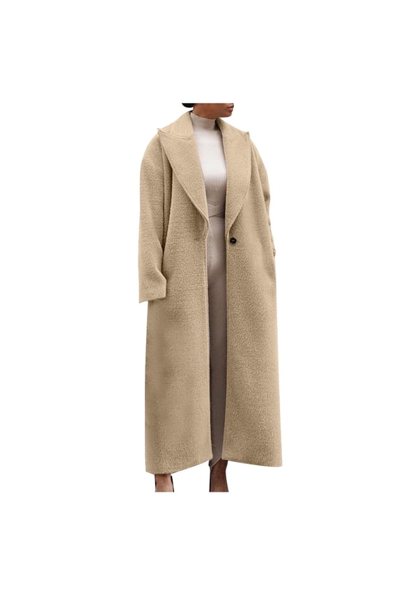 Women's Notch Lapel Single Breasted Pea Coats Wool Blend Maxi Trench Coat Long Sleeve Open Front Overcoat Jacket