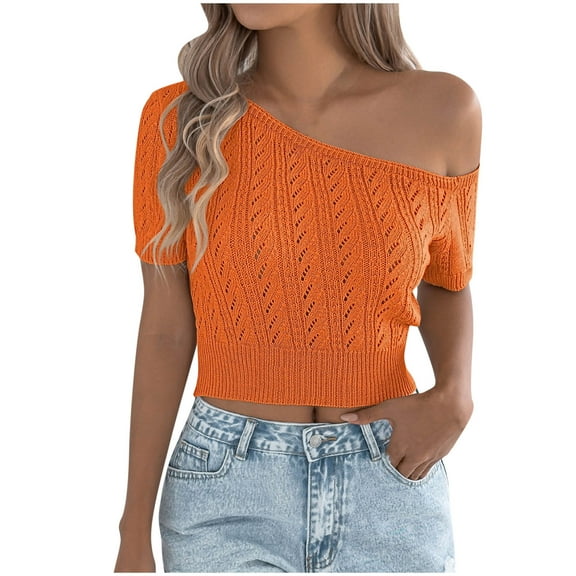 XFLWAM Women's Off One Shoulder Knit Sweater Summer Short Sleeve Crop Tops Casual Stretch Knit Sweater Trendy Going Out Tops
