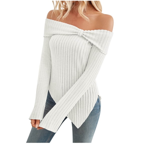 XFLWAM Women's Off Shoulder Knitted Sweater Long Sleeve Side Slit Pullover Tops Sexy Trendy Y2k Aesthetic Clothes M