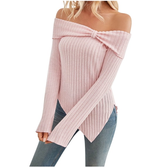 XFLWAM Women's Off Shoulder Knitted Sweater Long Sleeve Side Slit Pullover Tops Sexy Trendy Y2k Aesthetic Clothes Pink XL