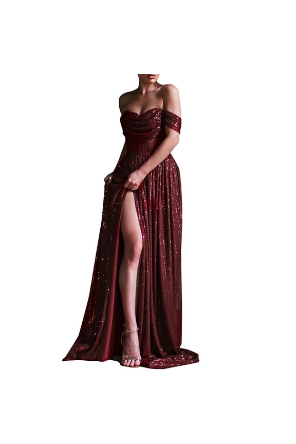 Women's Off The Shoulder Bridesmaid Dress Sequin Ruched Formal Evening Gown Long Prom Dress with Slit Red M