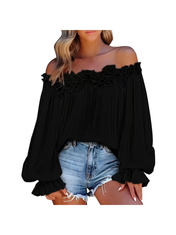 Women's Off The Shoulder Tops Ruched Ruffle Puff Long Sleeve Shirts Elegant Dressy Loose Fit Business Vacation Blouses