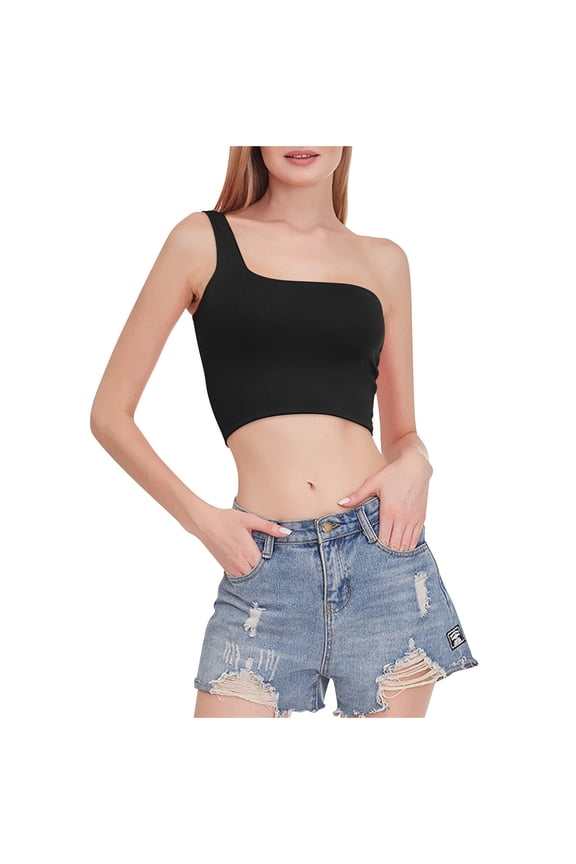 Women's One Shoulder Crop Tops Sleeveless Cropped Tank Yoga Crop Tops Summer Sexy Strappy Tank Tees
