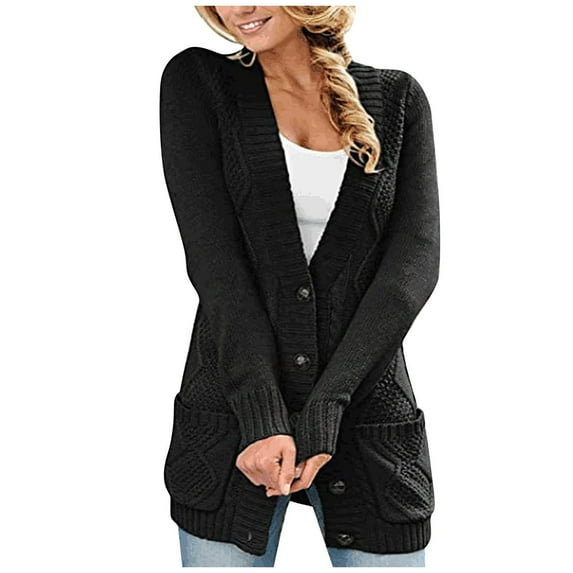 XFLWAM Women's Open Front Cardigan Sweater with Pockets Long Sleeve Cable Knit Button Down Loose Cardigan Sweater Outwear Black M