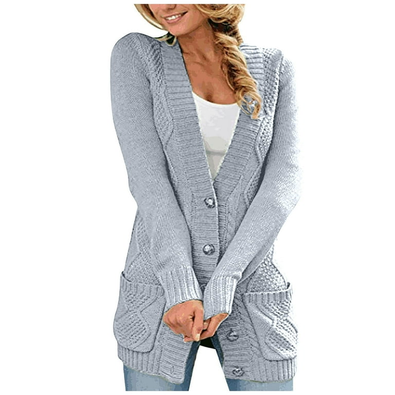 XFLWAM Women s Open Front Cardigan Sweater with Pockets Long Sleeve Cable Knit Button Down Loose Cardigan Sweater Outwear Gray L