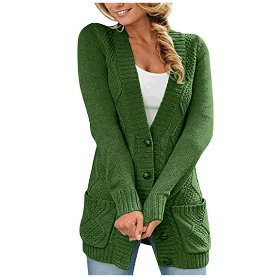 XFLWAM Women's Open Front Cardigan Sweater with Pockets Long Sleeve Cable Knit Button Down Loose Cardigan Sweater Outwear Green XL
