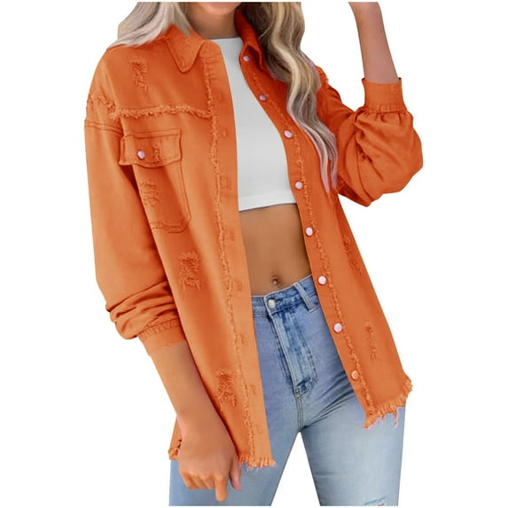 XFLWAM Women's Oversized Denim Jacket Boyfriend Long Sleeve Button Down Shirts Jackets Frayed Hem Distressed Jean Shacket Coats Fall Outfits Orange XXL