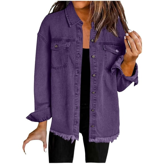 XFLWAM Women's Oversized Denim Jacket Lightweight Button Down Long Jean Jacket Casual Boyfriend Distresse Jacket Coats Purple XL